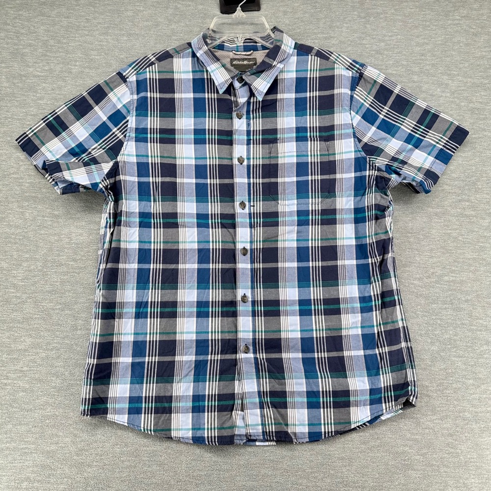 Eddie Bauer Shirt Mens L Blue Plaid EM12SW231 Short Sleeve Button Down Outdoor